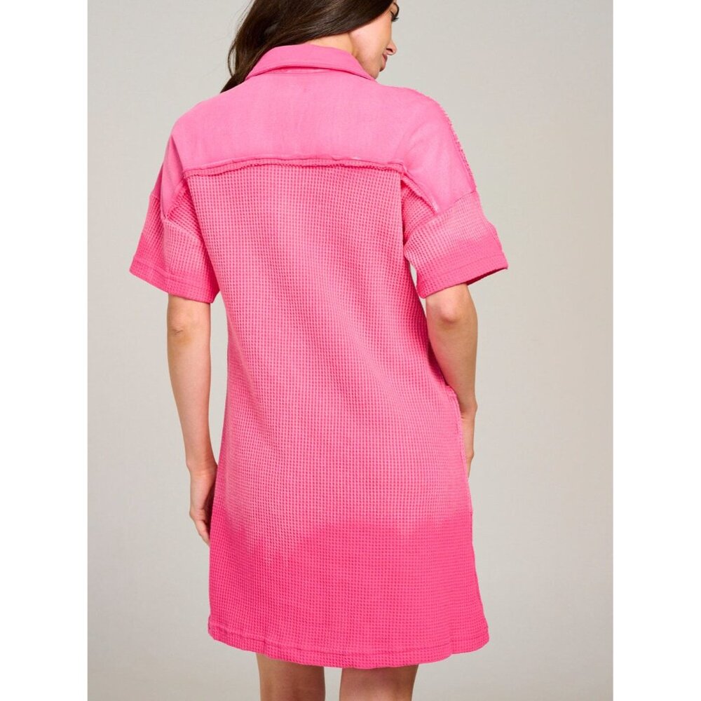 Women’s Waffle Knit Button-Up Mini Dress Pink Short Sleeve Size M NWT - Picture 3 of 8